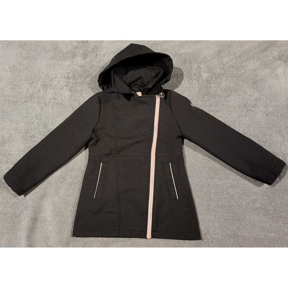 Michael Kors Girls Black MK Logo Softshell Hooded Jacket Rose Gold Zip Size 7/8